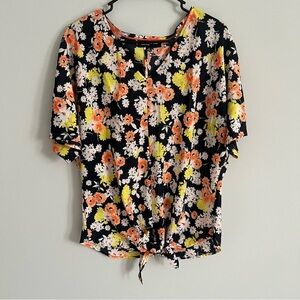 Jones New York Floral Tie-Front Blouse – Navy Blue, Orange & Yellow 🌸✨